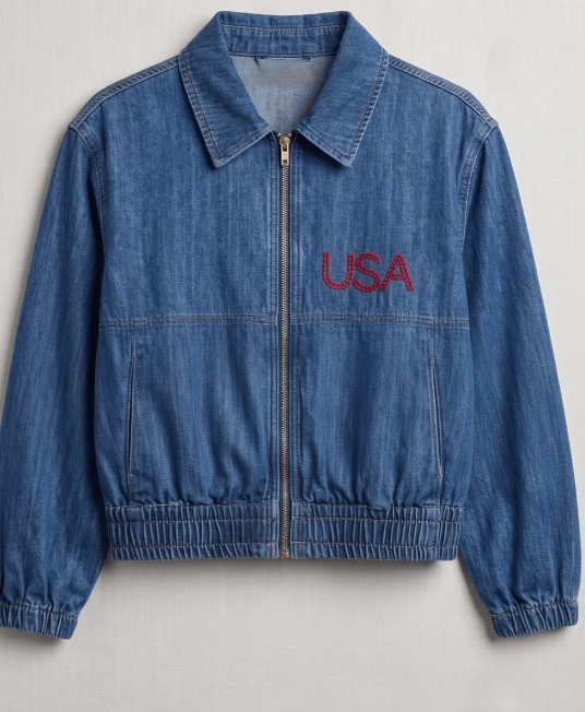 Denim Flag Embroidery Bomber Jacket