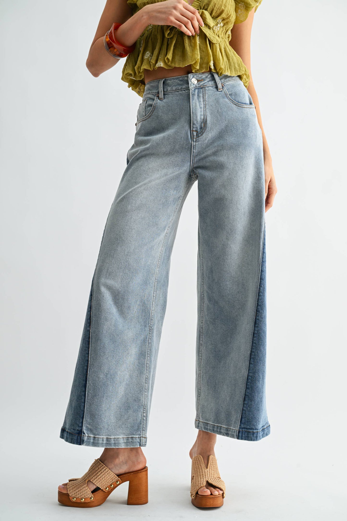 Wide-Leg Two-Tone High Waist Denim Jeans
