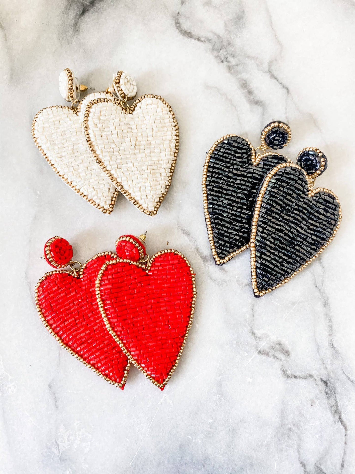 Black Beaded Heart Earrings with Gold Accents