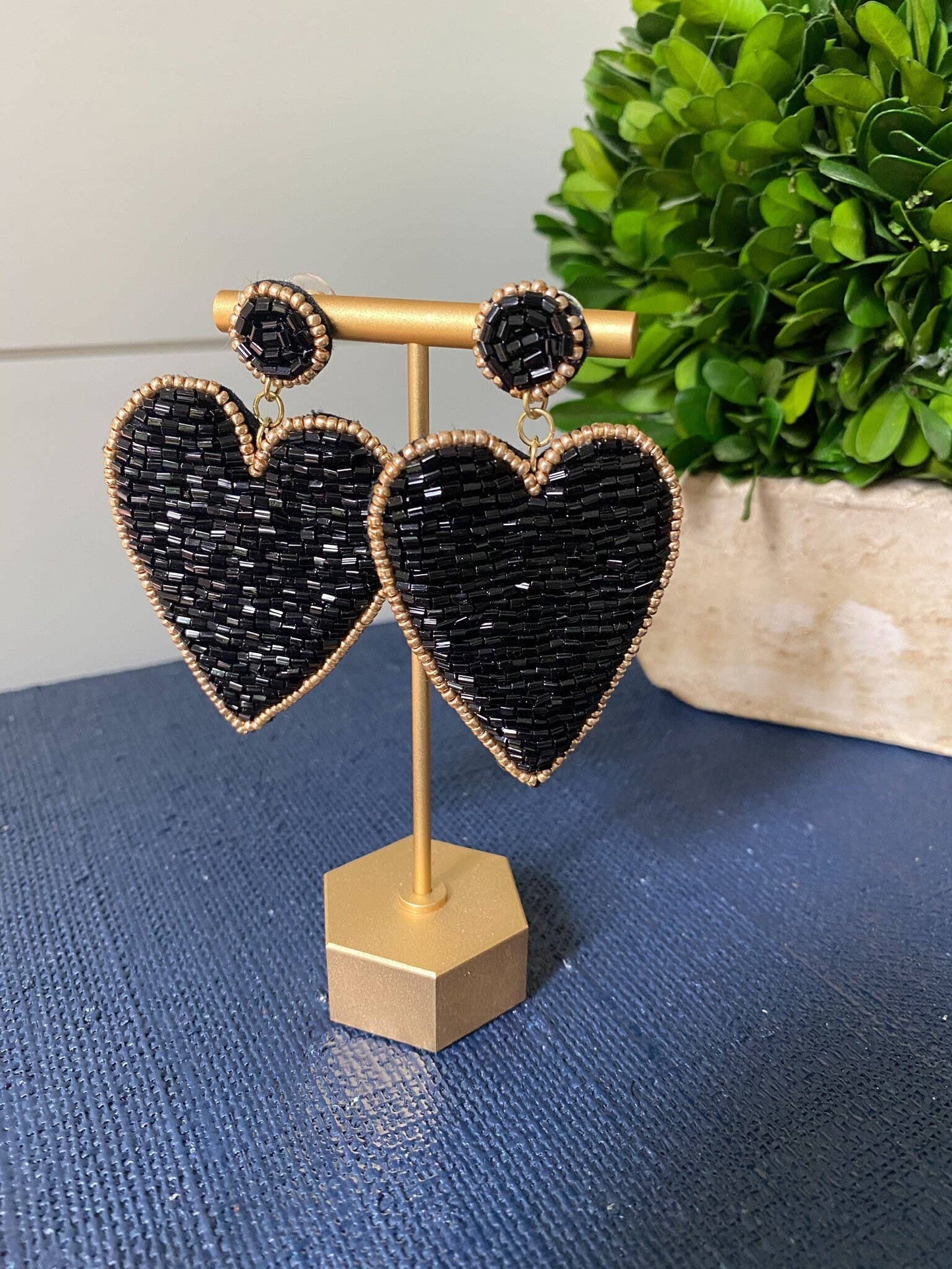 Black Beaded Heart Earrings with Gold Accents