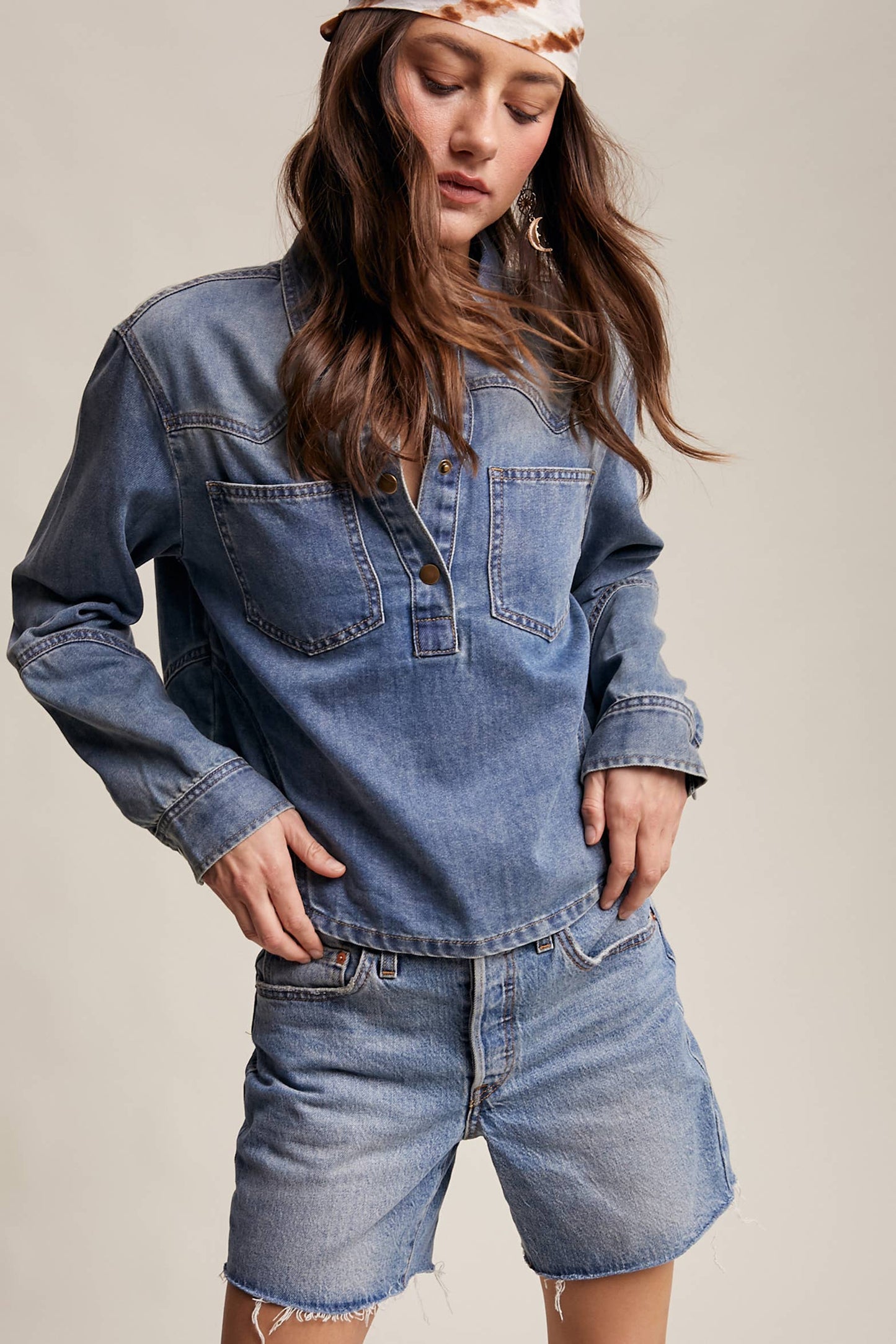 Western-Inspired Denim Popover Shirt LT1438