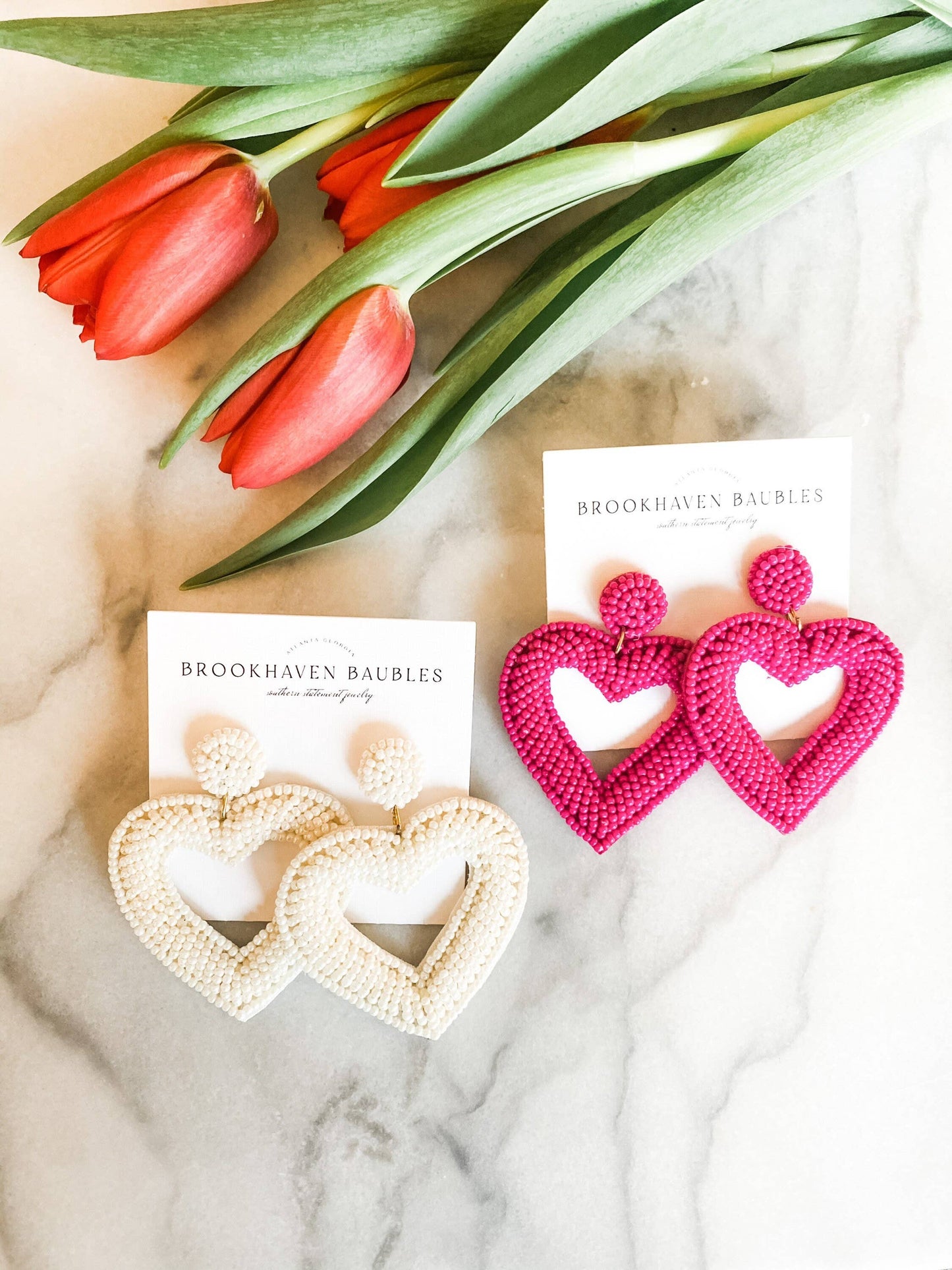 Ivory Beaded Heart Statement Earrings