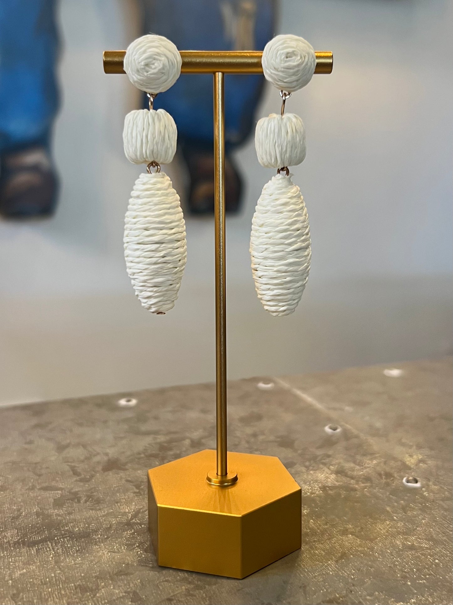 Cream Raffia Ball Drop Earrings