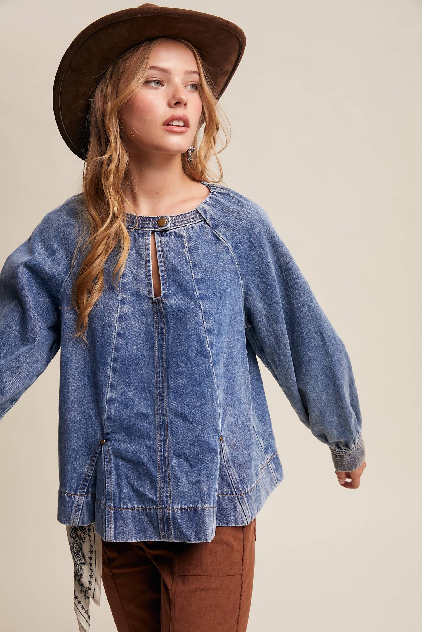 Western Denim Keyhole Blouse LT1443
