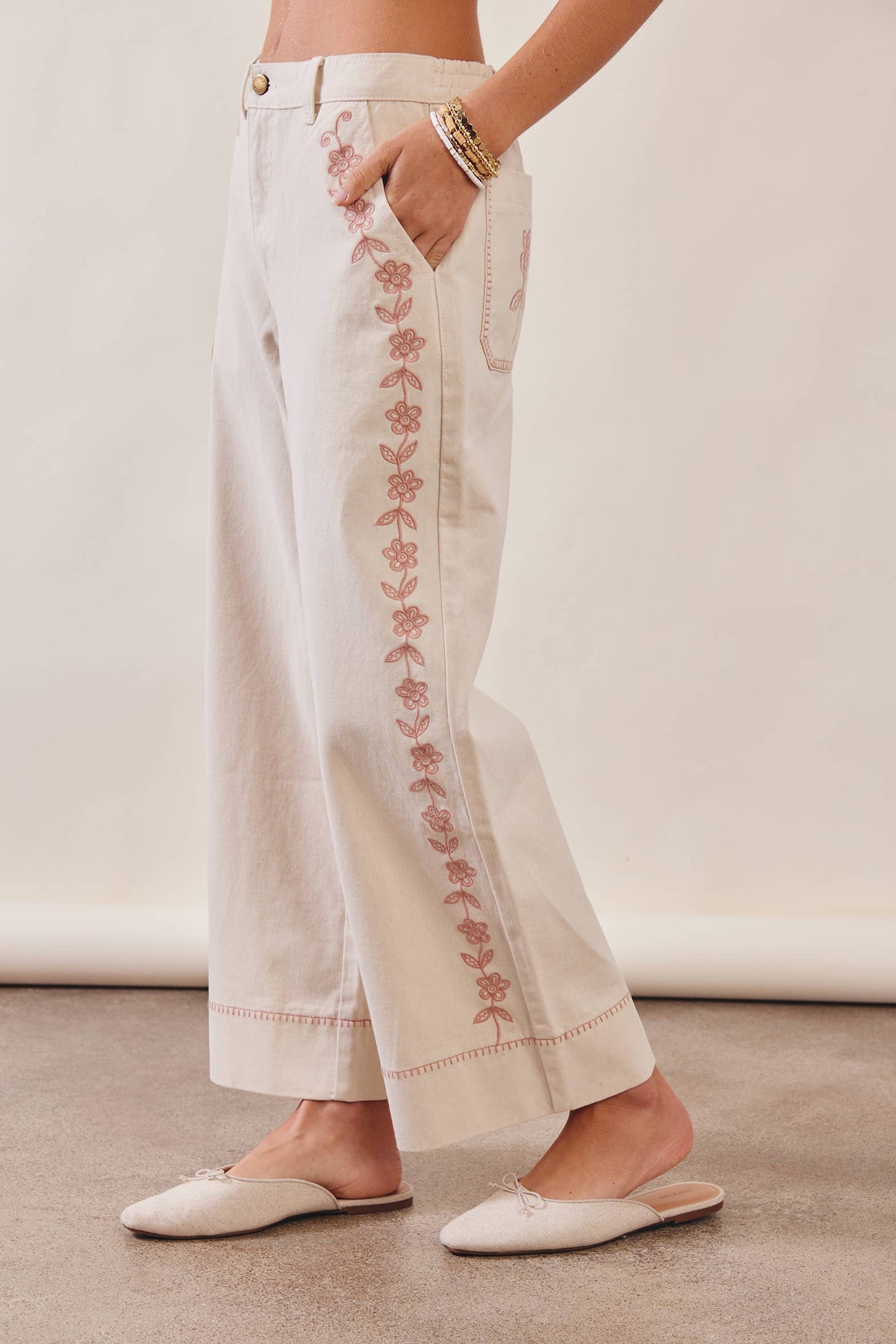 Floral Embroidered Cropped Wide-Leg Pants