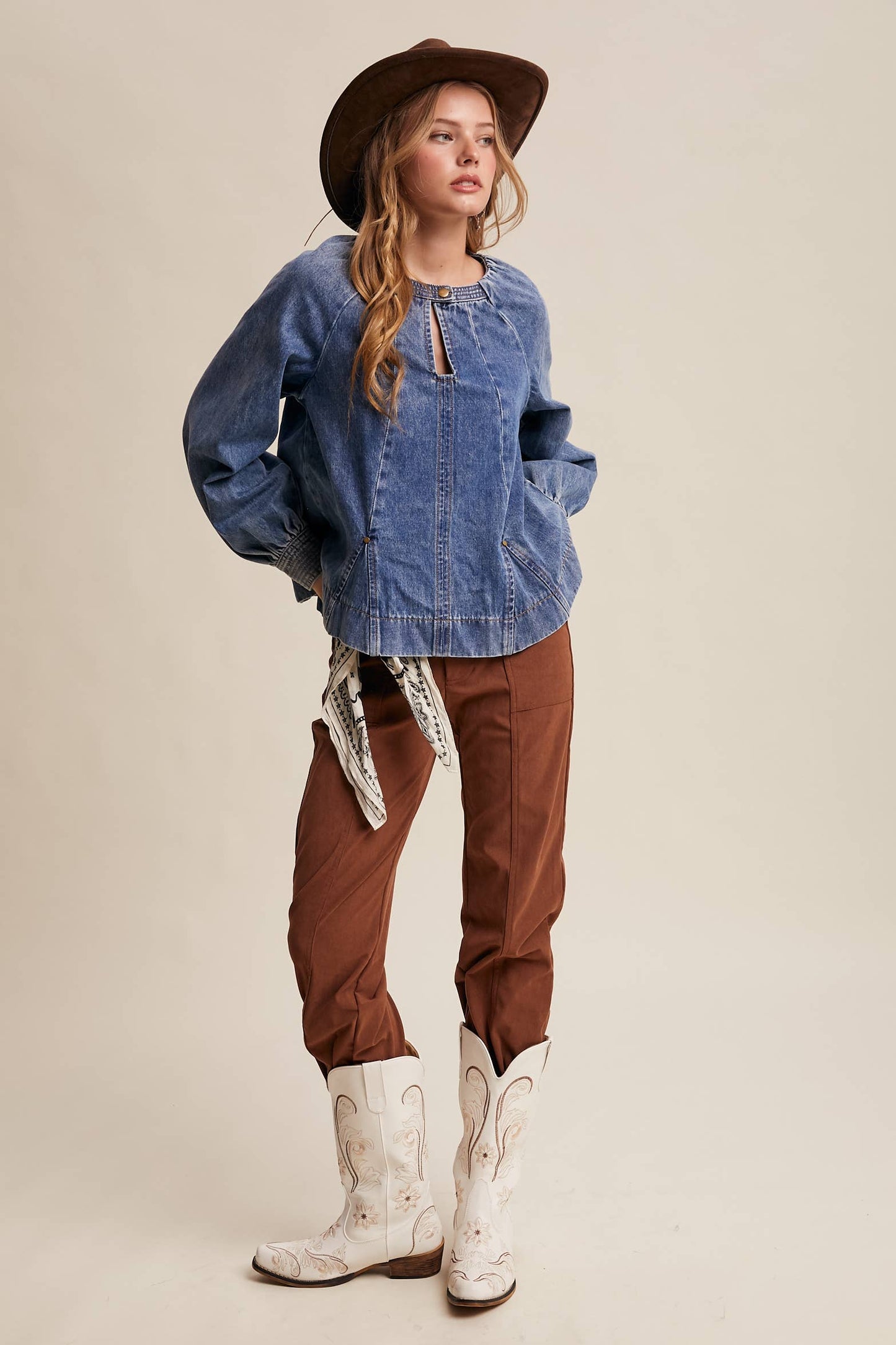 Western Denim Keyhole Blouse LT1443