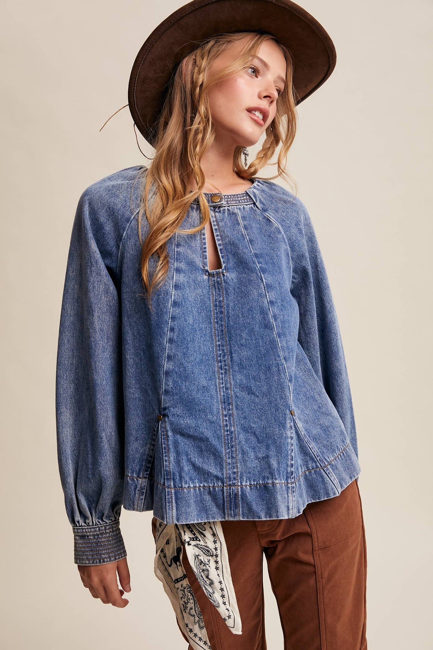 Western Denim Keyhole Blouse LT1443