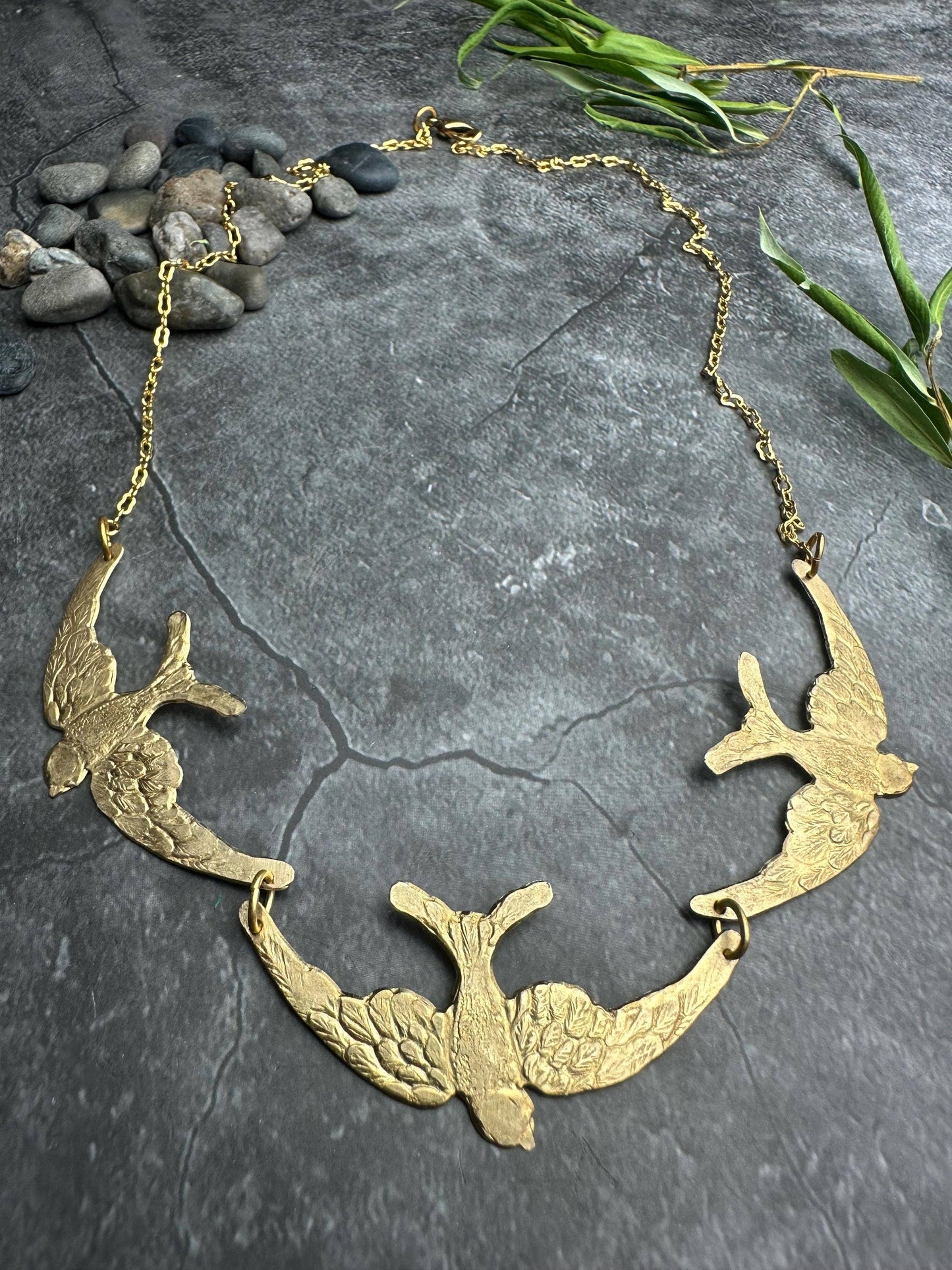 Bird Statement Necklace – Brass Swallow Collar Necklace – Na