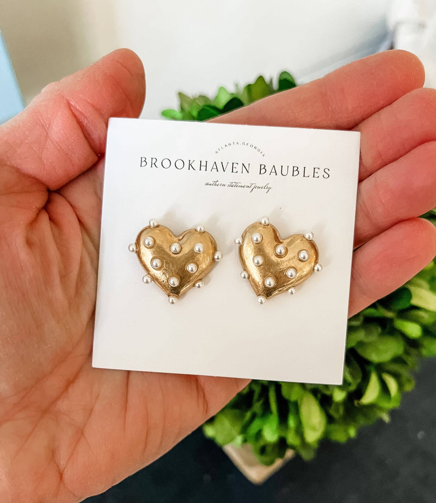 Gold Pearl Heart Statement Studs
