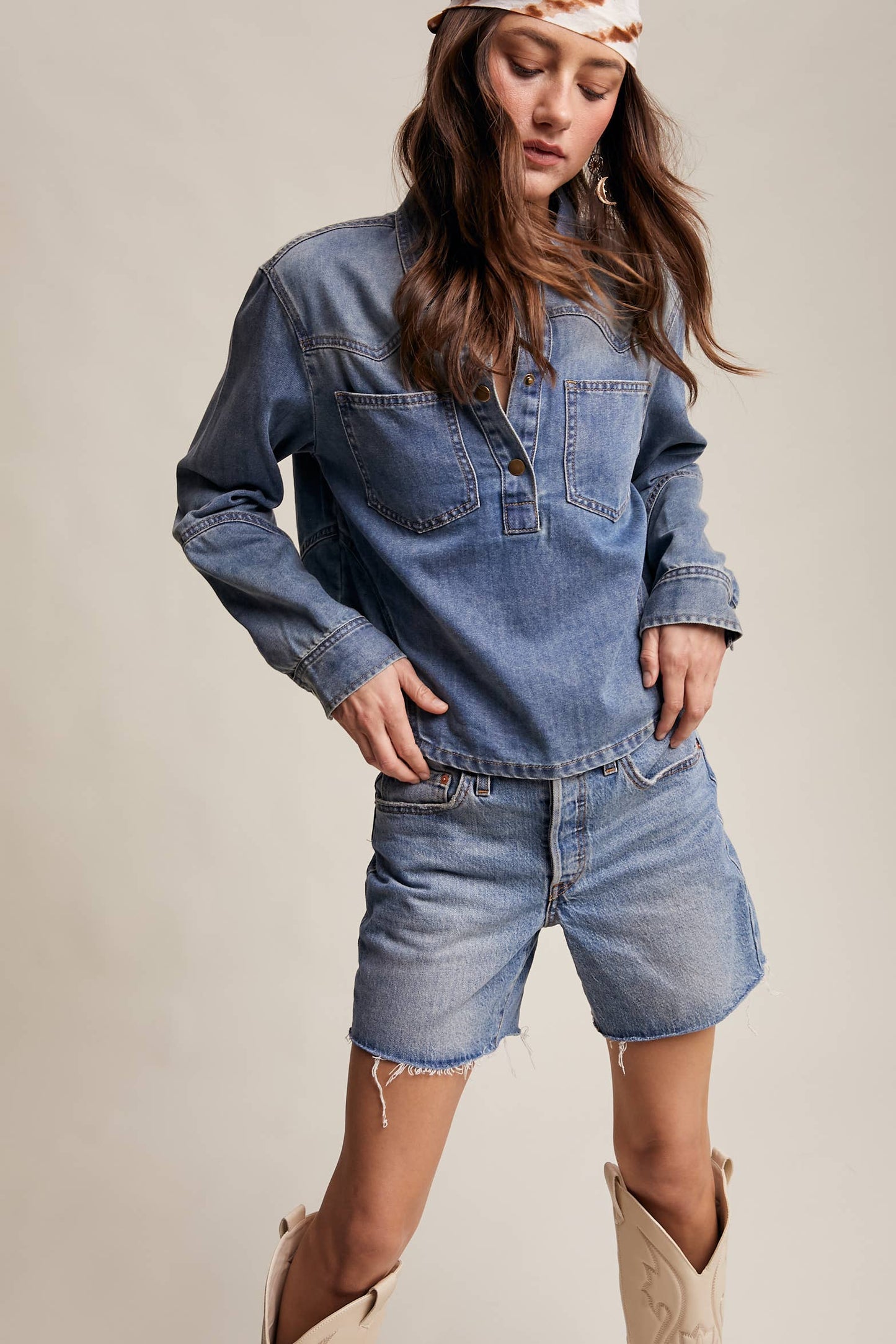 Western-Inspired Denim Popover Shirt LT1438