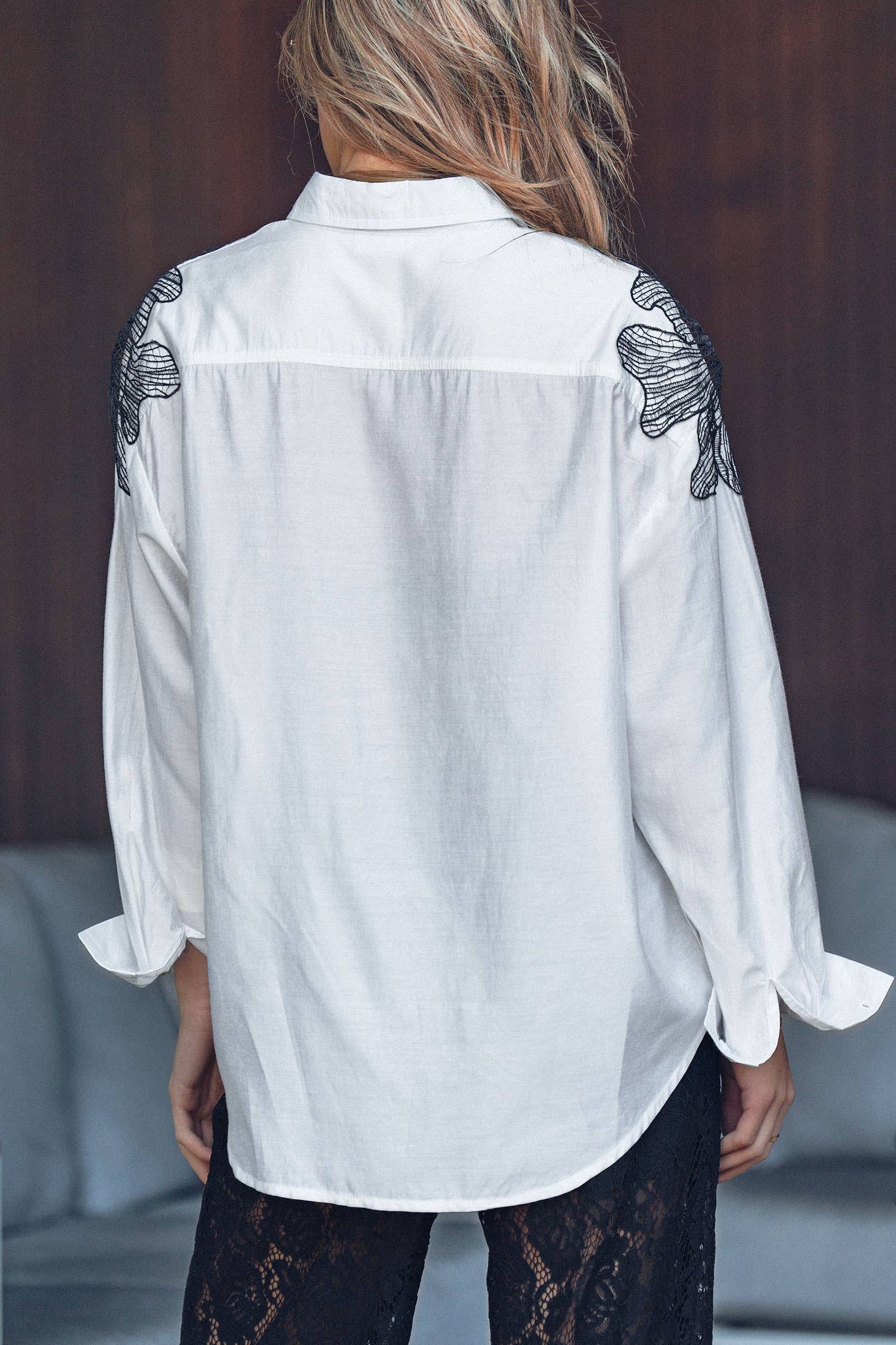 Urban Daizy - Embroidered Leaf Shoulder Tencel Shirt