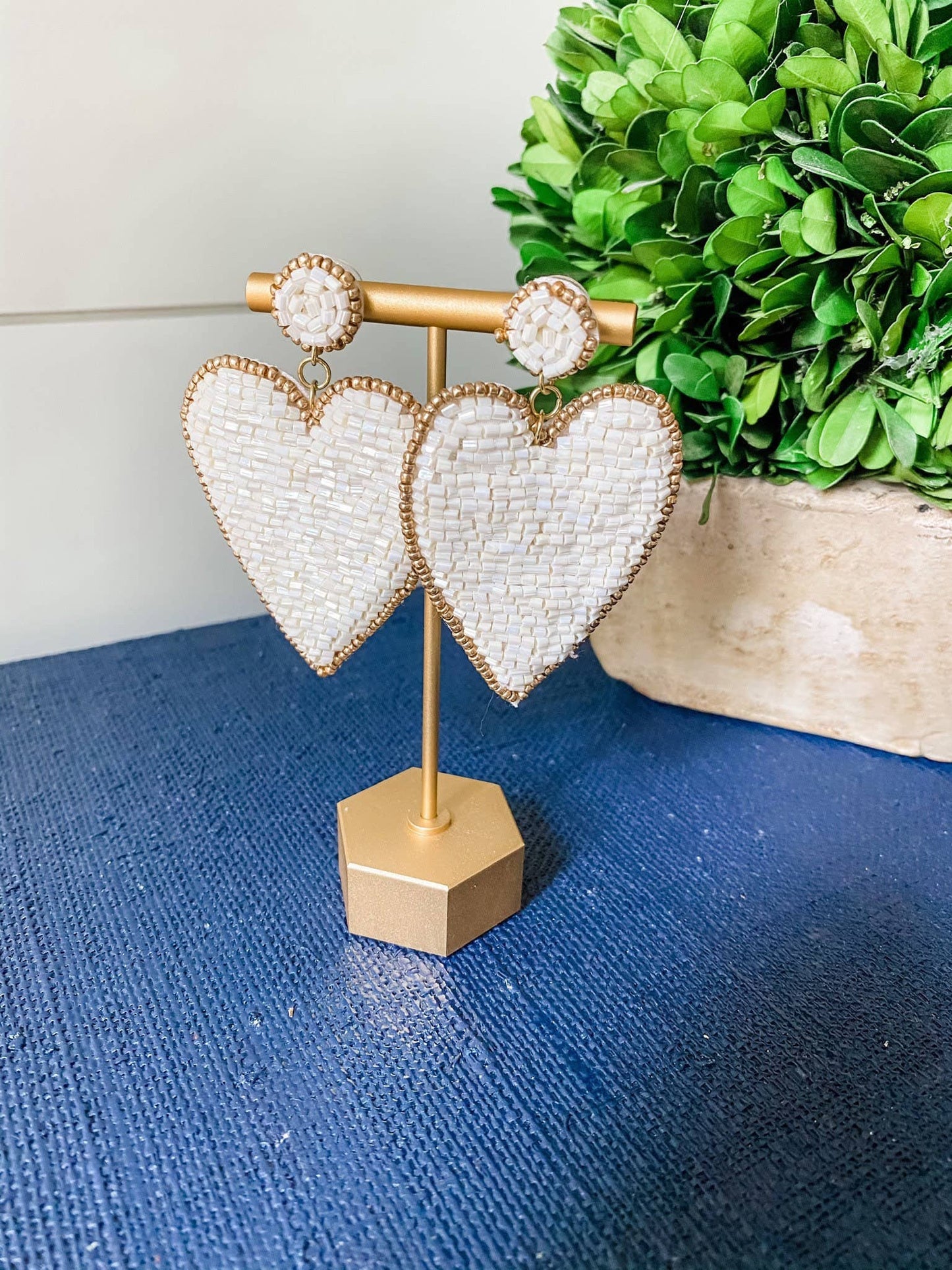 Pearl White Beaded Heart Earrings with Gold Accents