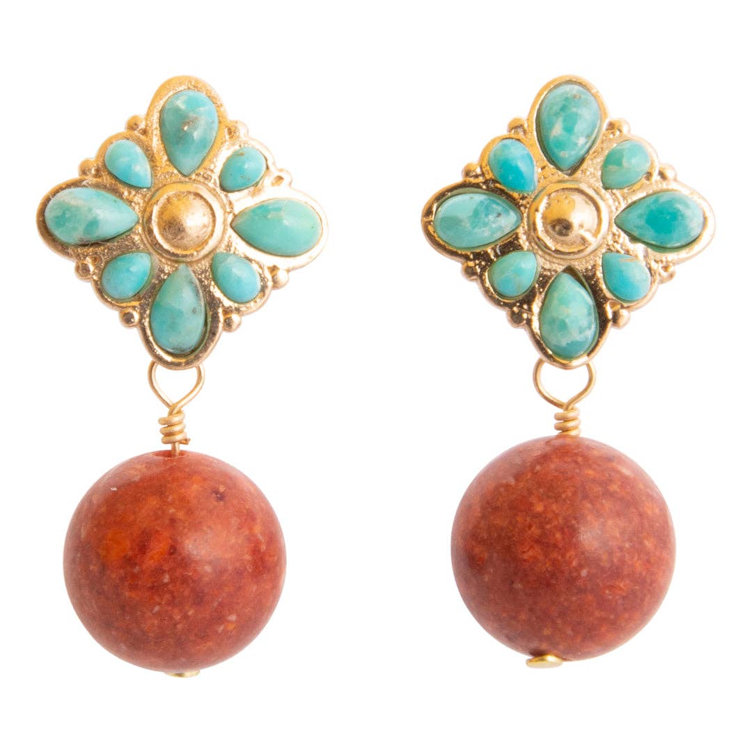 Blue Turquoise Starburst Orange Coral Golden Post Earrings