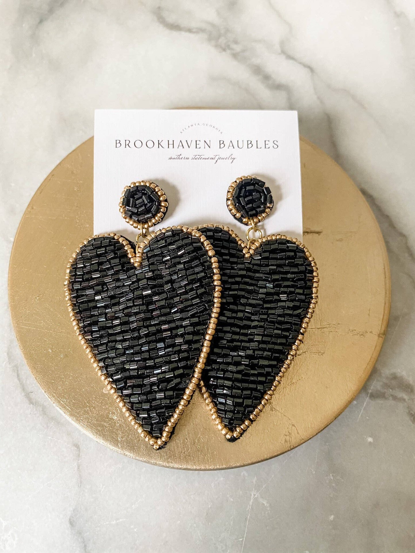 Black Beaded Heart Earrings with Gold Accents