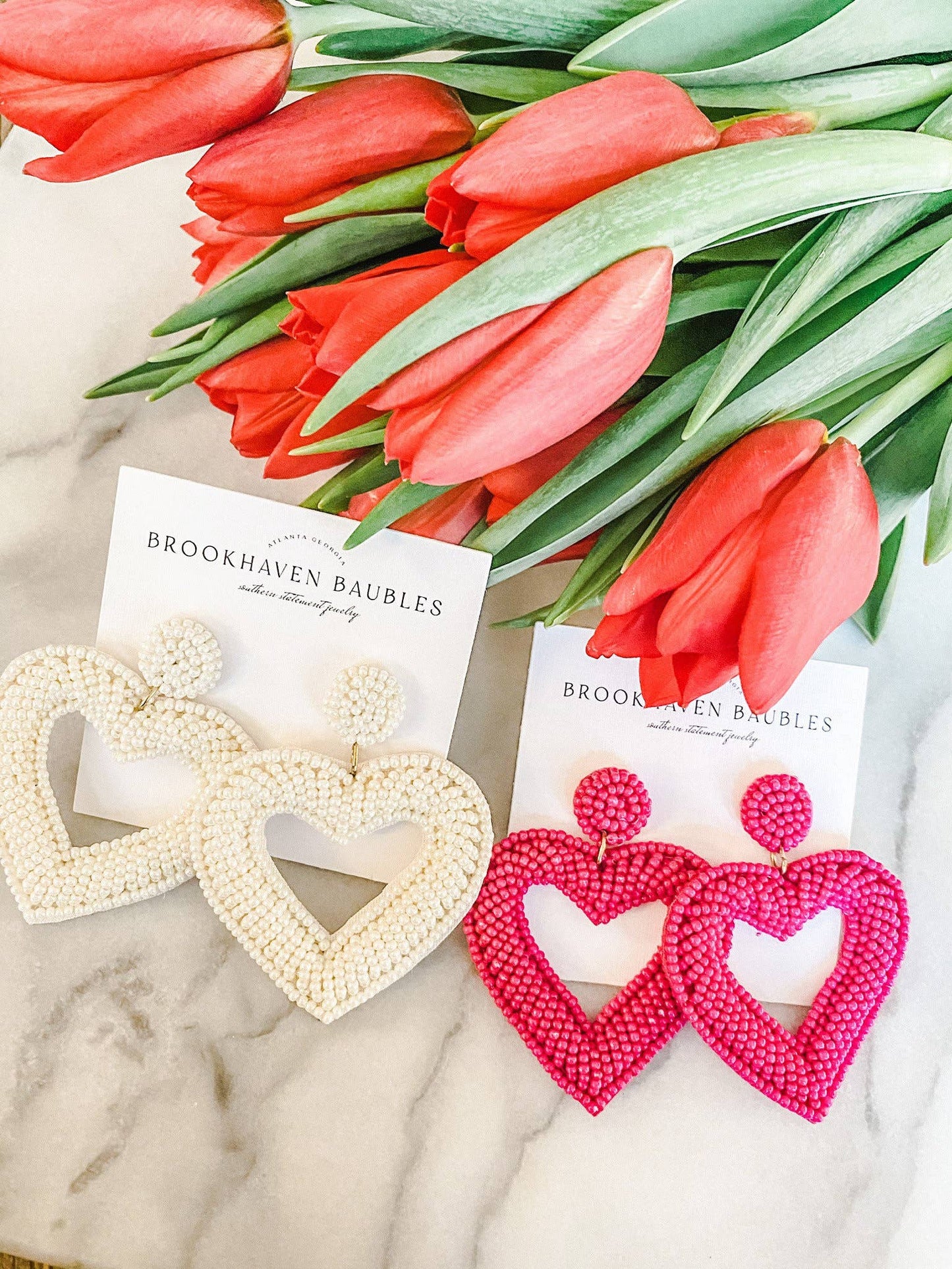 Ivory Beaded Heart Statement Earrings