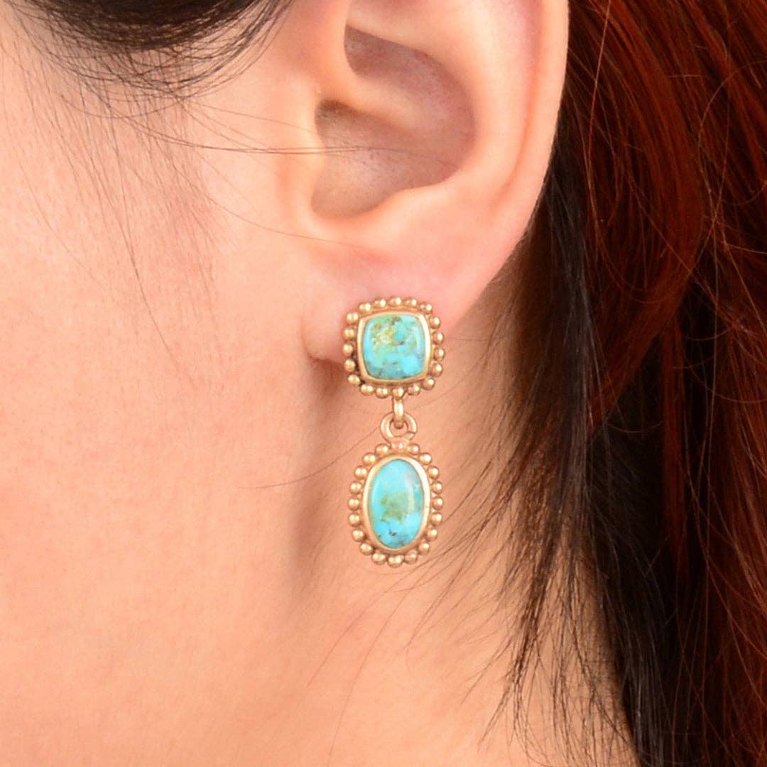 Refined Blue Turquoise Double Drop Golden Earring