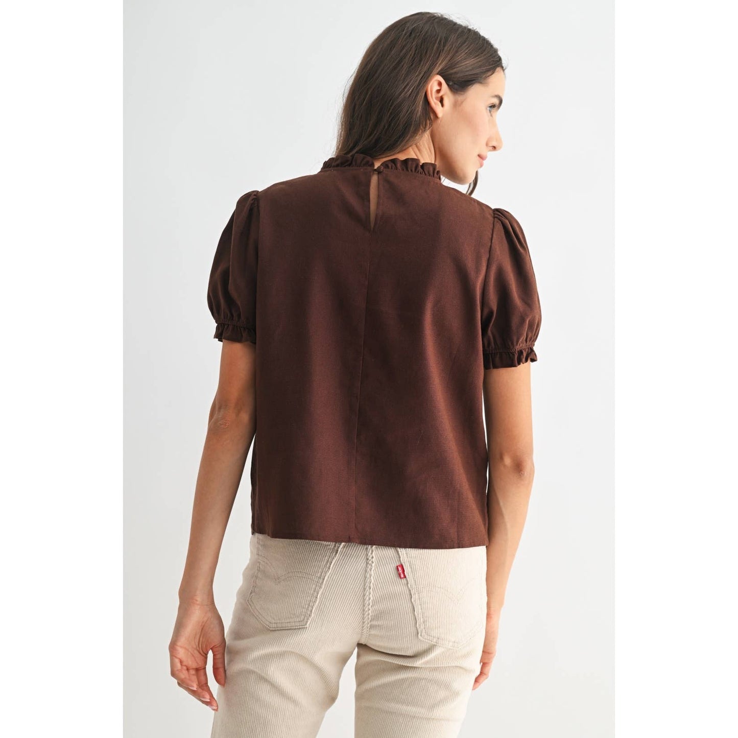 Brown Eyelet Puff Sleeve Blouse