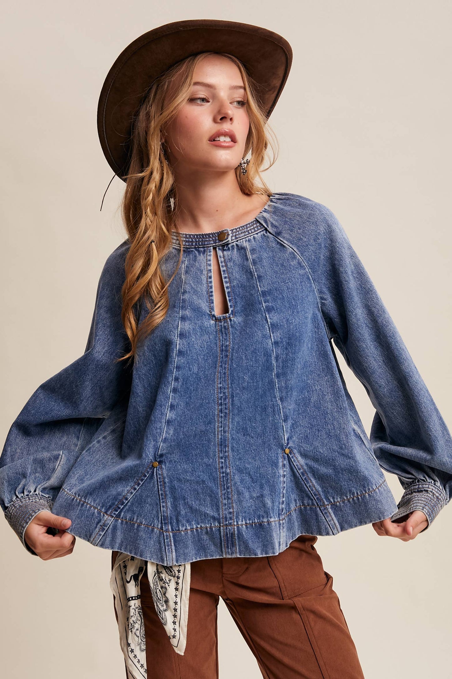 Western Denim Keyhole Blouse LT1443