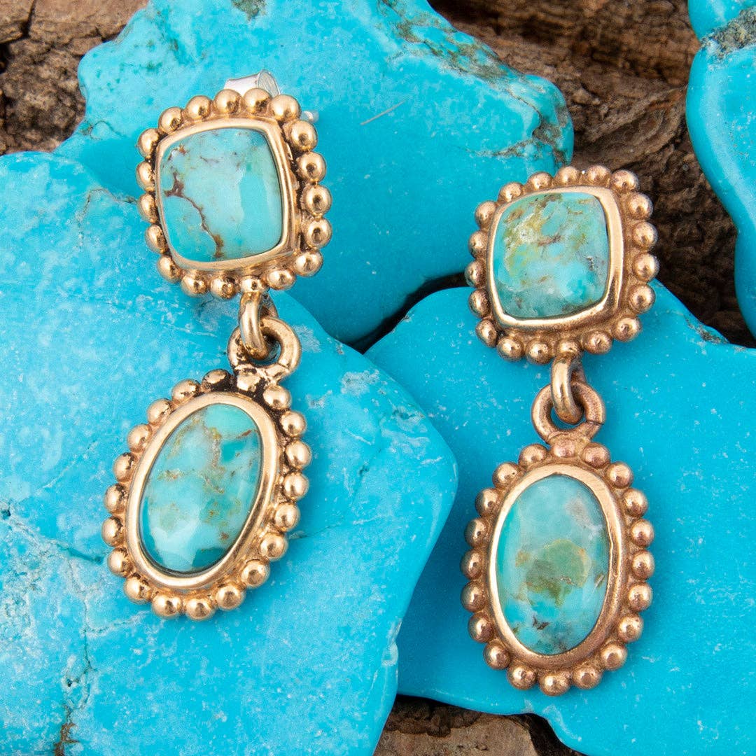 Refined Blue Turquoise Double Drop Golden Earring