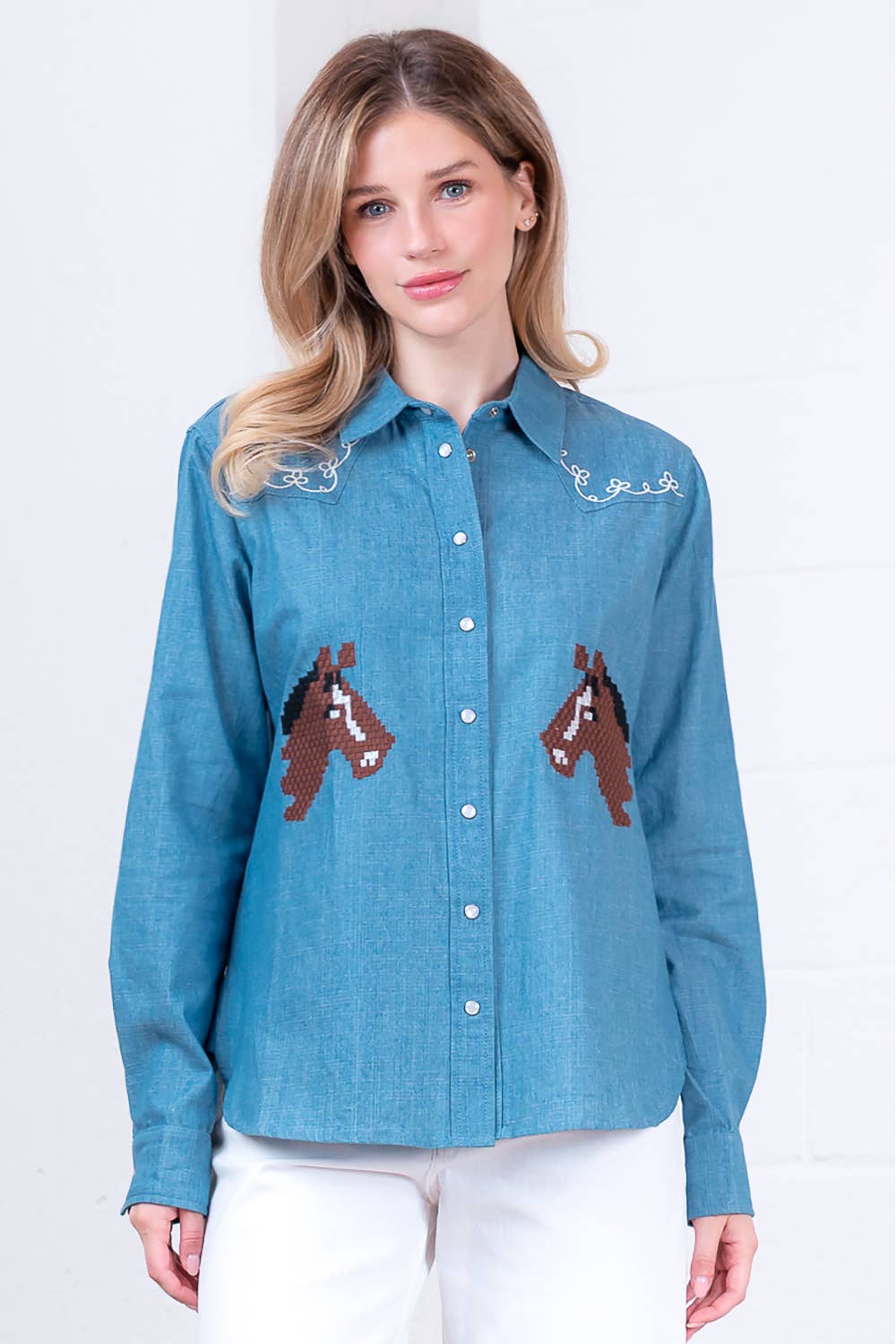Taelynn LONG SLV BUTTON DOWN DENIM EMBROIDERY SHIRT