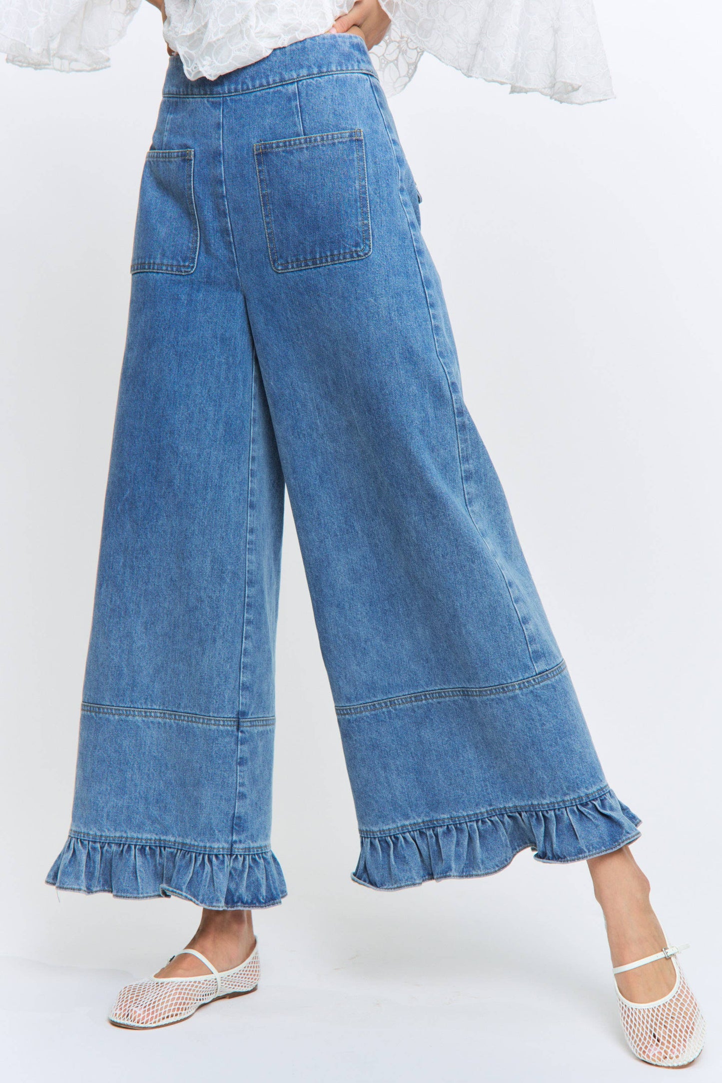 Camellia -  Wide-Leg Denim Trousers with Ruffle Hem