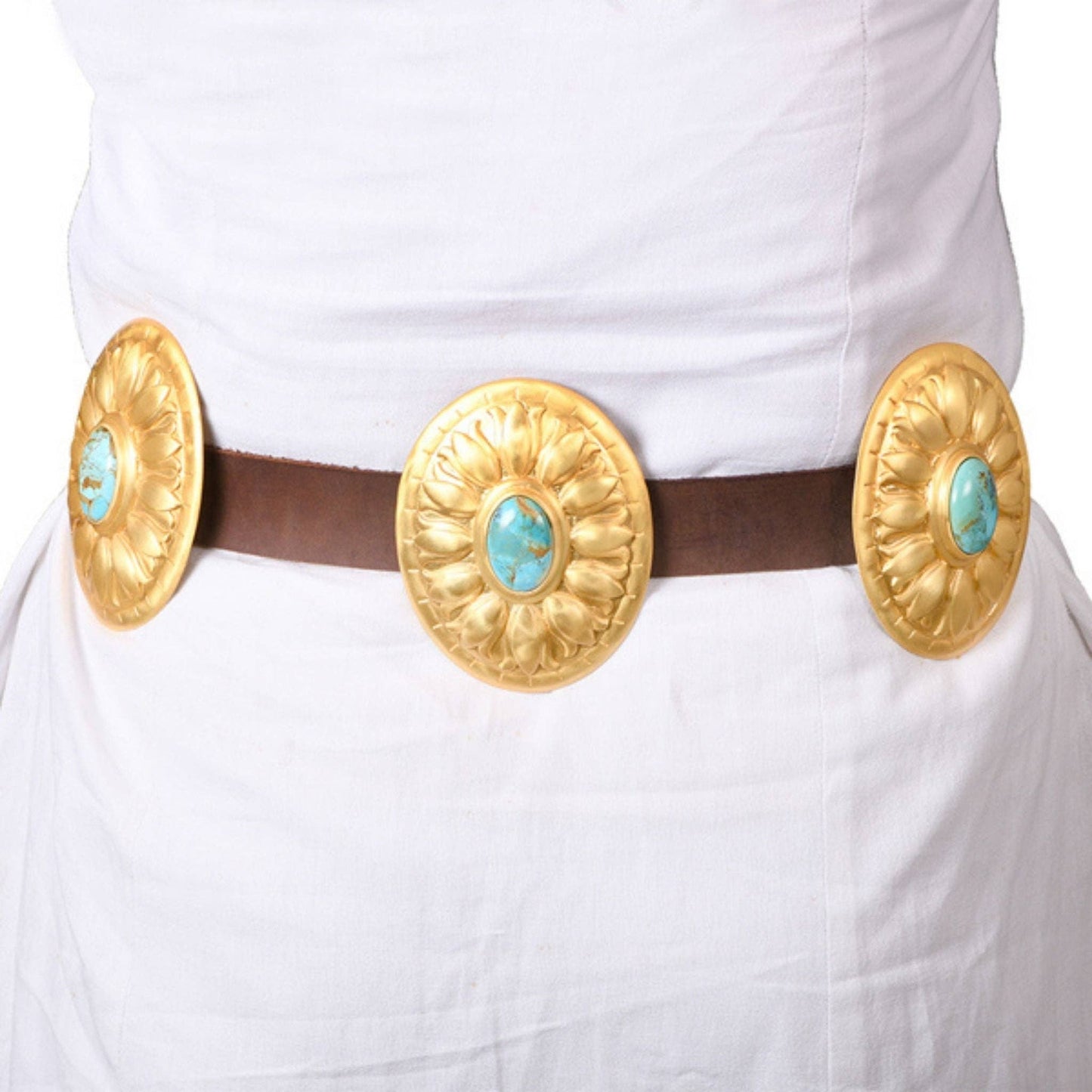 Christina Greene LLC - Turquoise and Brass Concho Belt