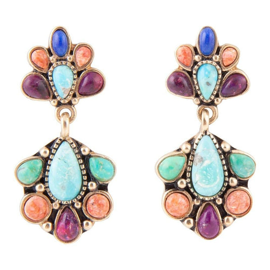 Concho Colorful Double Golden Drop Earrings