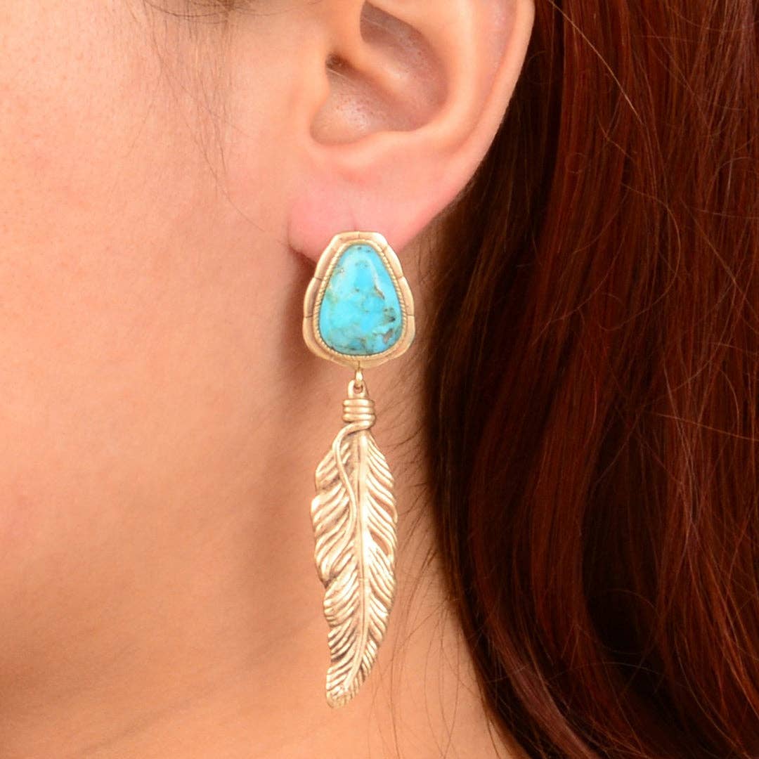 Desert Plume Blue Turquoise Golden Post Drop Earrings