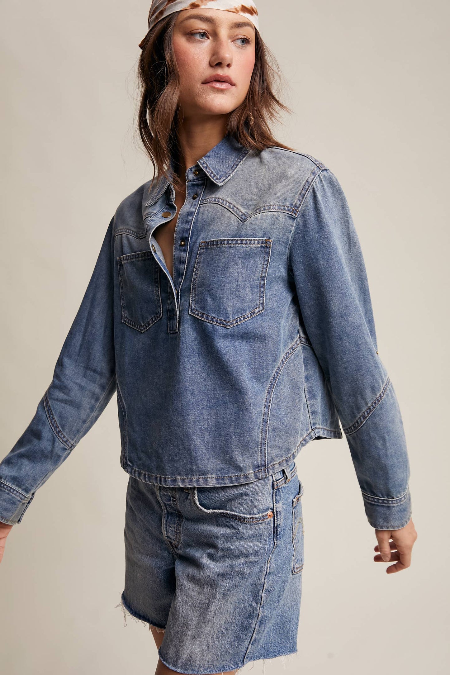 Western-Inspired Denim Popover Shirt LT1438
