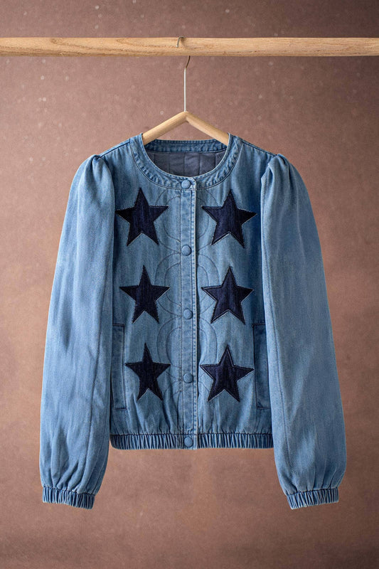 Star Embroidered Puff Sleeve Denim Jacket