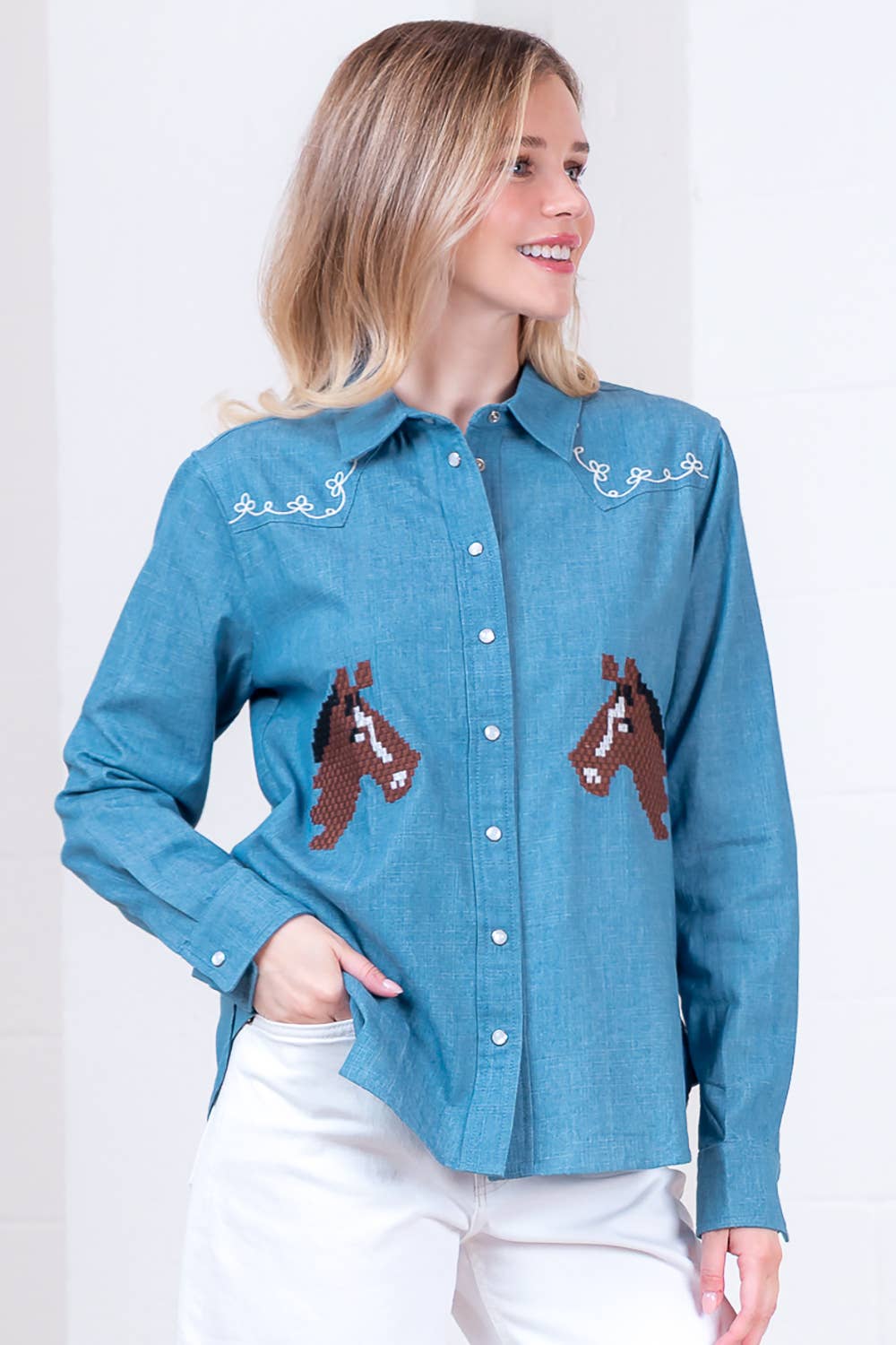 Taelynn LONG SLV BUTTON DOWN DENIM EMBROIDERY SHIRT