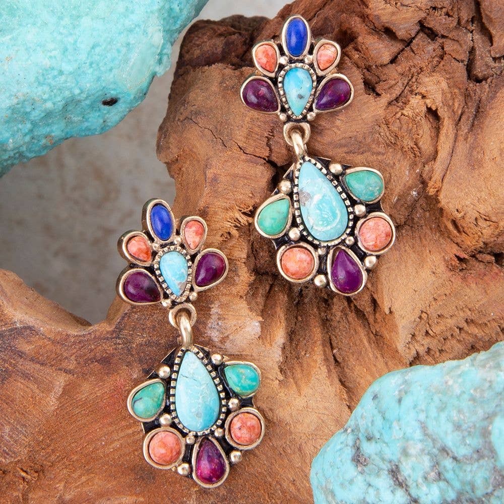 Concho Colorful Double Golden Drop Earrings