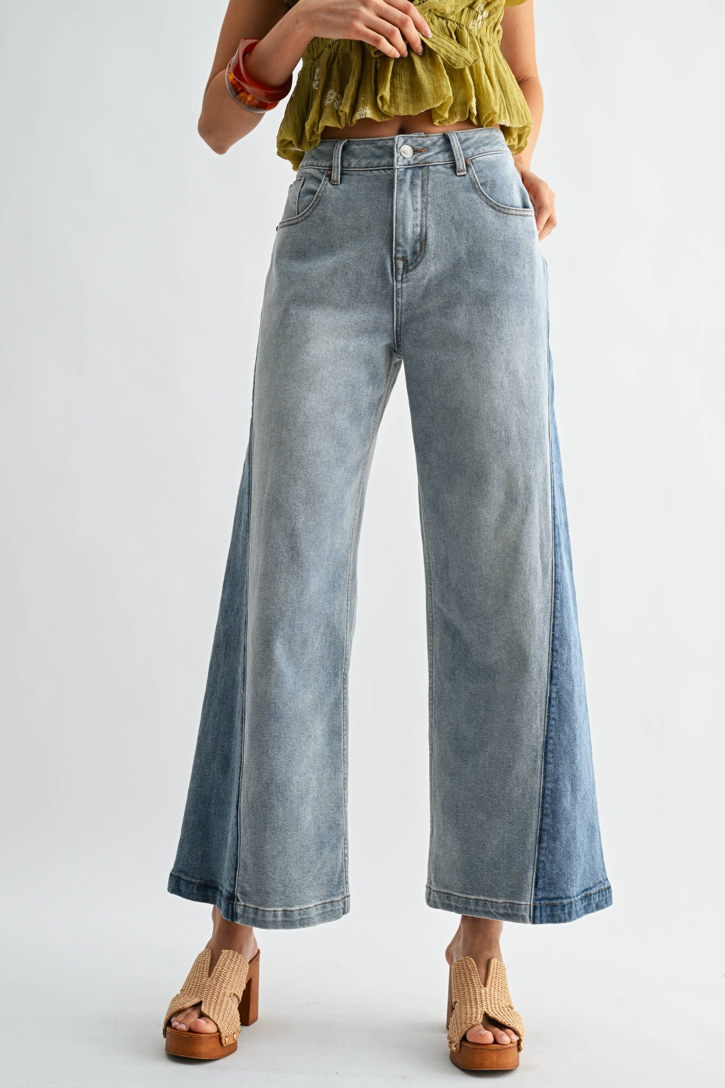 Wide-Leg Two-Tone High Waist Denim Jeans
