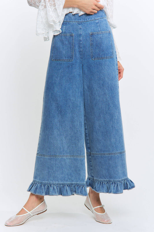 Camellia -  Wide-Leg Denim Trousers with Ruffle Hem