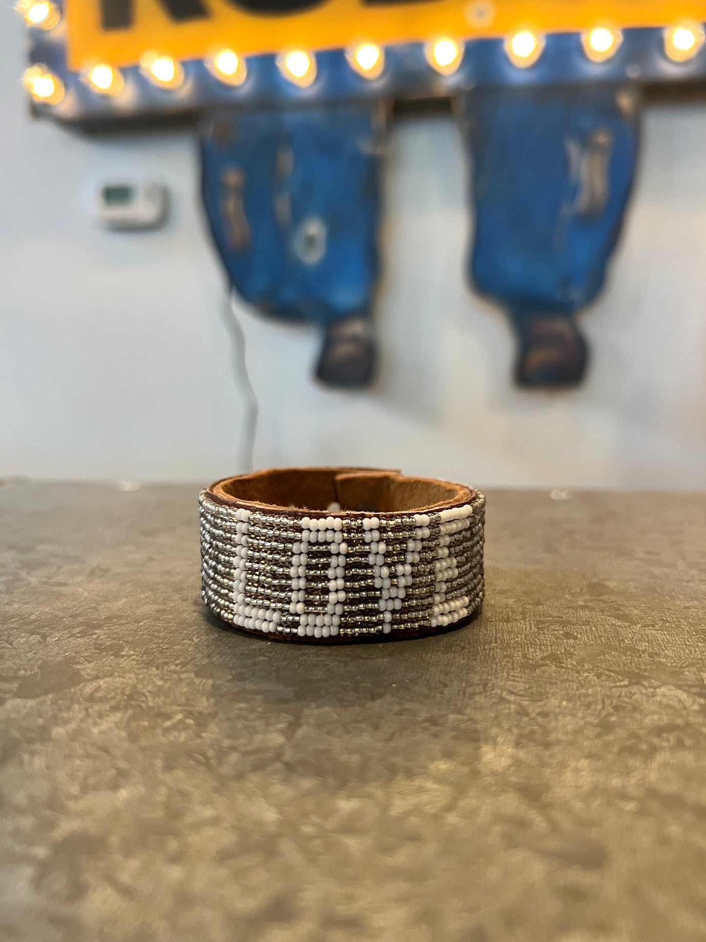 "Love" Beaded Leather Cuff - Silver