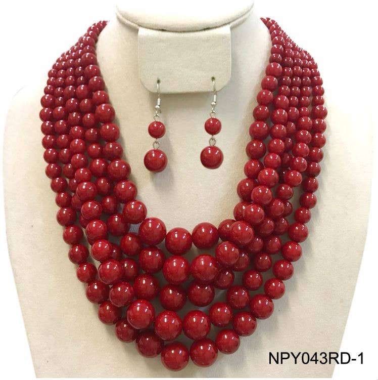 Chunky 5 Strand Red Pearl Necklace & Earring Set