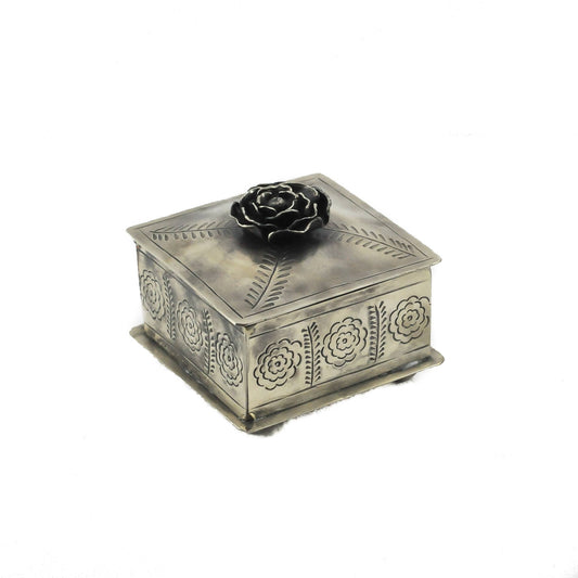 Square Stamped Silver Box with Rose