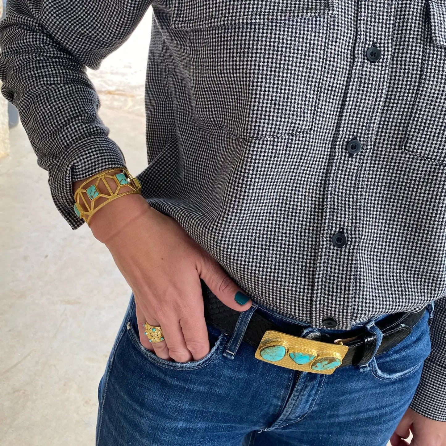 Christina Greene Turquoise and Hammered Gold belt Buckle